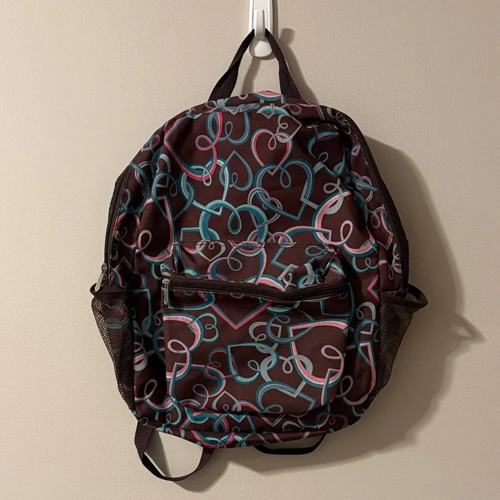 🏡 Intertwined Heart Patterned Backpack - Brown & Multi Colored - OS